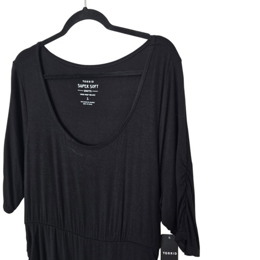 Torrid Dress Women 1 Black NWT Super Soft Ruched Knit Scoop Neck Midi Bodycon - Picture 3 of 7